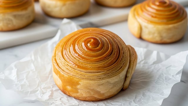 A close-up image showing a shiny, golden-brown layered pastry roll in front, resting on crumpled white parchment paper. The pastry has many soft, smooth, light golden layers spiraled tightly from the center, with a glossy glazed surface reflecting light. In the background on a white marbled texture, there are several similar pastries, slightly out of focus, all with the same round shape and smooth golden layers but with a more matte finish. The setting is simple, highlighting the warm, inviting look of the rolls. Photo taken with an iphone --ar 4:5 --v 7