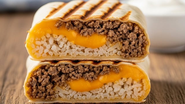 The image shows a cut burrito with two layers where the outer layer is a grilled tortilla with a golden-brown color and visible grill stripes. Inside, the burrito has a filling of cooked ground beef mixed with melted orange cheddar cheese and white rice, with the cheese visibly stretching between the pieces. The burrito pieces rest on a rustic wooden surface, and there is a blurred white bowl with white sour cream in the background. photo taken with an iphone --ar 4:5 --v 7