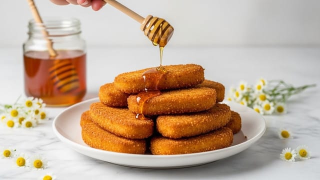 A white plate is filled with a stack of thick, golden-brown fried pieces that have a crispy texture, arranged in a slightly uneven pile with about eight pieces visible. A woman's hand is holding a wooden honey dipper above the plate, drizzle of amber honey flowing down onto the top piece, glistening as it coats the fried stack. The plate sits on a white marbled surface scattered with small white and yellow flowers, while a glass jar filled with honey and a wooden dipper inside sit blurred in the background, adding depth and warmth to the scene. Photo taken with an iphone --ar 4:5 --v 7
