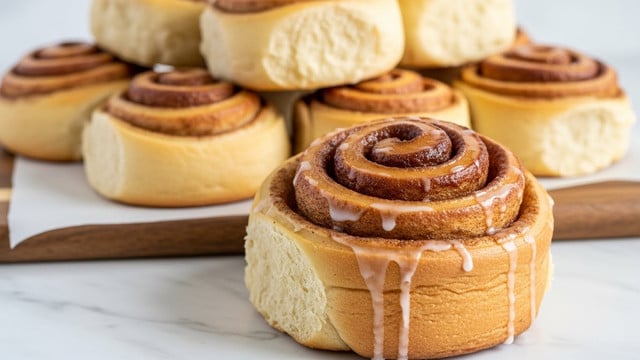 A close-up view of a group of golden-brown cinnamon rolls with shiny glaze sits on a white marbled surface. The front cinnamon roll is large and has multiple smooth, glossy layers spiraled tightly to create a thick, creamy swirl pattern with a slightly toasted edge. Behind it, seven smaller cinnamon rolls display soft, fluffy layers with a slightly rough texture and a golden top, showing well-defined swirls. The rolls are placed on a white parchment paper and a wooden board, both contrasting with the white marbled surface in the background. photo taken with an iphone --ar 4:5 --v 7