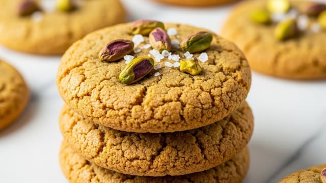 A close-up image of a stack of three round cookies on a white marbled surface, each cookie showing a golden-brown color with a slightly cracked texture. On top of the upper cookie, there are scattered pieces of green pistachios and coarse white salt crystals, adding a rough texture and a pop of color. The light reflects softly on the cookies’ shiny, slightly sticky surface, highlighting the crisp edges. In the background, there are more blurred cookies that create depth. Photo taken with an iphone --ar 4:5 --v 7