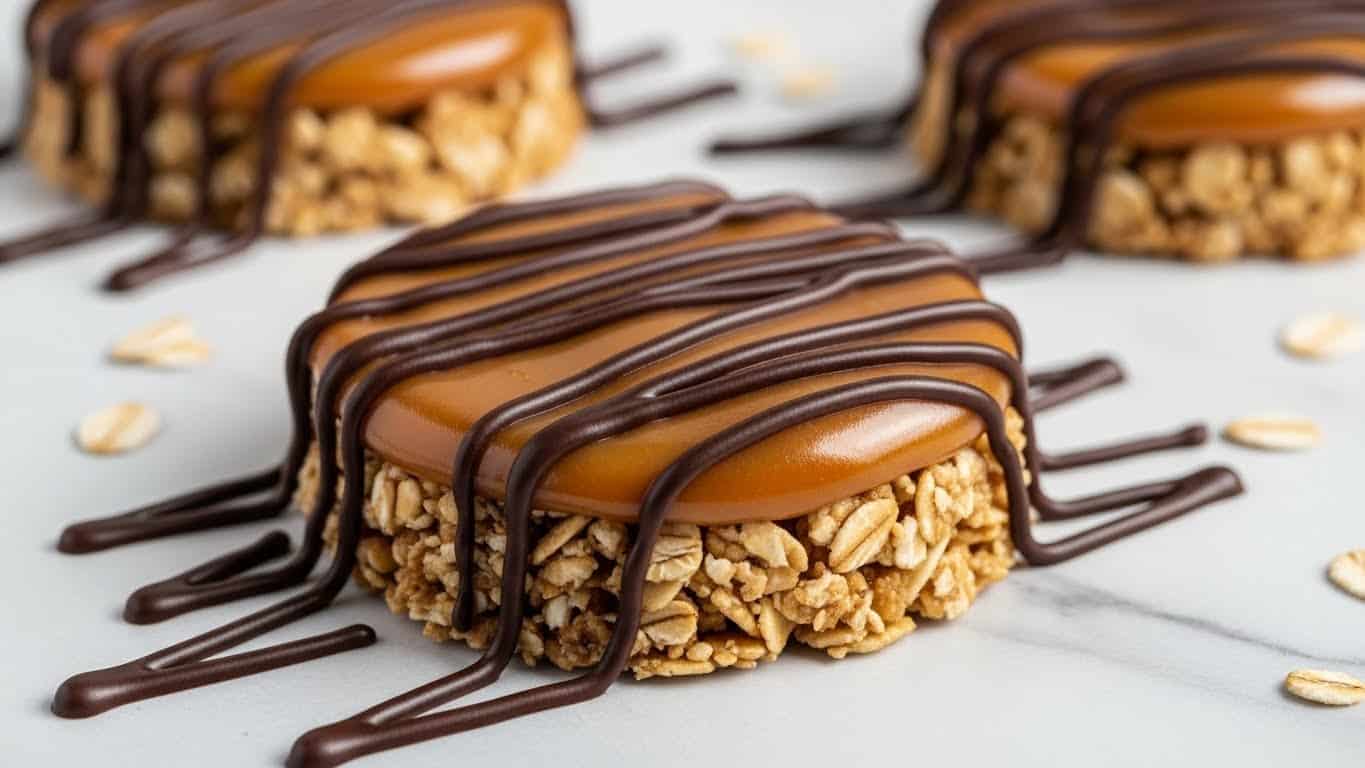 A close-up view of a round granola bar with visible oat pieces forming the bottom mixed layer, topped with a thick, glossy caramel layer in the middle. The top is drizzled with dark chocolate in thin, wavy lines that extend across the bar and onto the white marbled textured surface beneath it. One granola bar in the background is slightly out of focus, showcasing similar textures and toppings. A few loose oats are scattered around the bars, adding a natural touch. Photo taken with an iphone --ar 4:5 --v 7