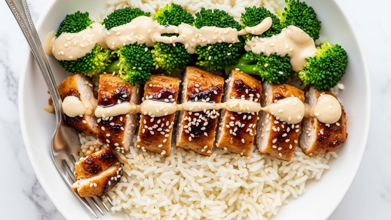 A large white bowl filled with a base layer of fluffy white rice, topped with bright green broccoli florets and golden-brown bite-sized chicken pieces. Both broccoli and chicken are draped in a thick, shiny dark brown sauce and a lighter creamy drizzle, sprinkled evenly with small white sesame seeds. A metal spoon rests on the right side of the bowl, which sits on a white marbled surface. photo taken with an iphone --ar 4:5 --v 7