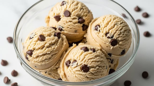 The image shows a clear glass bowl filled with four large scoops of creamy, pale beige cookie dough mixed with dark brown chocolate chips. Each scoop is thick and textured, with visible folds and soft, slightly rough edges. The chocolate chips are scattered evenly throughout the dough, some sitting on top and others embedded within, creating a strong contrast with the dough's light color. The bowl sits on a white marbled surface with a few loose chocolate chips scattered around it. The overall look is rich and inviting. photo taken with an iphone --ar 4:5 --v 7