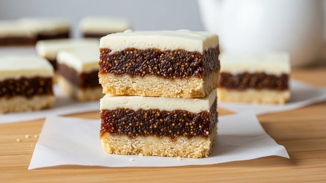 The image shows two square slices of a dessert stacked on top of each other on white parchment paper over a light brown wooden surface. Each piece has three clear layers: the bottom layer is light tan and crumbly, looking like a shortbread crust; the middle layer is thick, dark brown with a sticky and textured appearance, filled with tiny seeds or bits, resembling a fig filling; the top layer is smooth and creamy white, appearing like a frosting or icing. In the blurry background, more similar dessert squares and a white teapot add a cozy and simple setting. The overall look is neat, with sharp edges and a soft natural light highlighting the textures. photo taken with an iphone --ar 4:5 --v 7
