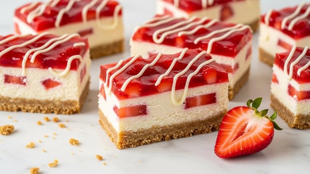 The image shows rectangular cheesecake bars arranged on a white marbled surface, each with three visible layers: a crumbly light brown base, a thick creamy off-white middle cheesecake layer, and a glossy red strawberry topping studded with pieces of strawberry. The top layer is decorated with neat white icing lines running horizontally across the bars. In the foreground, there is a half strawberry placed on the marbled surface with some crumbs scattered nearby. Photo taken with an iphone --ar 4:5 --v 7