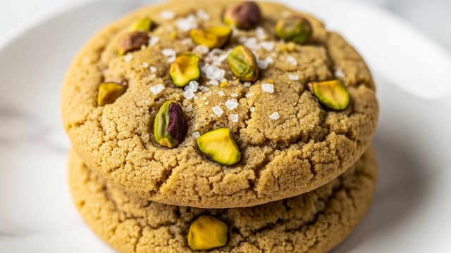 Two soft, golden brown cookies stacked on top of each other rest on a white plate with a white marbled texture underneath. The top cookie is sprinkled with coarse sea salt and small, chopped pistachio nuts that add green and beige pops of color on its slightly cracked, chewy surface. The second cookie beneath peeks out, showing the same textured look with a few pistachio pieces visible. The close-up shot highlights the cookie’s soft texture and the contrast between the salt crystals and nut pieces, creating a warm and inviting feel. photo taken with an iphone --ar 4:5 --v 7