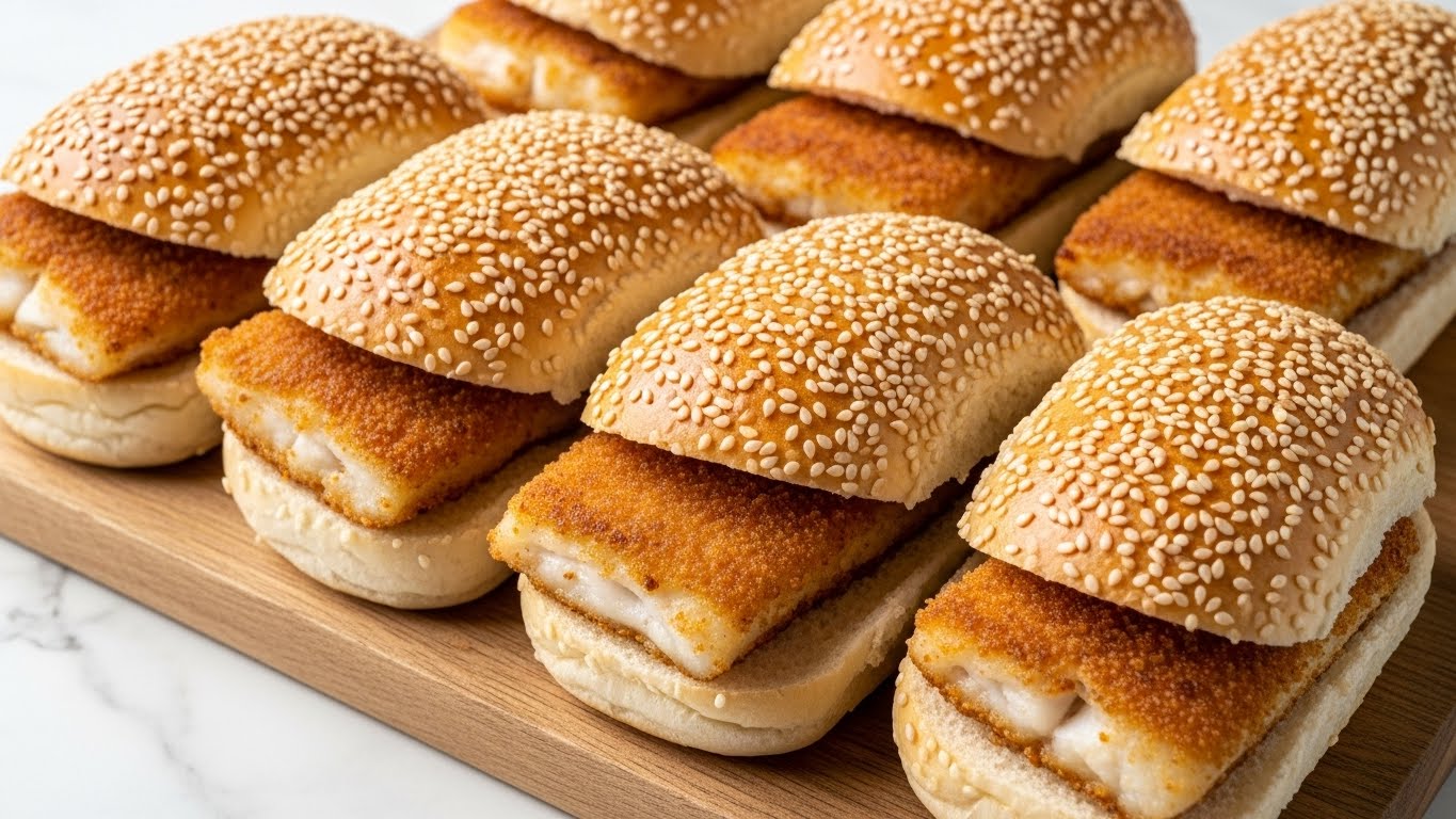 The image shows five sesame seed buns lined up closely on a wooden cutting board. Each bun is sliced in half horizontally and contains a golden-brown, crispy layer of cooked fish fillet, which fills most of the bun’s length. The buns have a soft, slightly shiny texture with scattered white sesame seeds on the top halves. The fish fillets have a crusty, uneven brown surface with some lighter, fluffy inside visible around the edges. The wooden cutting board has natural grain patterns and rests on a white marbled surface. photo taken with an iphone --ar 4:5 --v 7