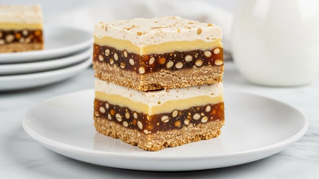 Two square layered bars are stacked on a white plate on a white marbled surface. Each bar has four distinct layers: the bottom layer is a light brown crumbly crust, above it is a thin pale yellow layer, then a thick textured dark amber layer with visible small seeds, and finally a top layer of creamy off-white with a slightly grainy texture. The bars are cut cleanly with sharp edges, showing each layer's details clearly. In the background, white plates and a white jug are softly blurred. photo taken with an iphone --ar 4:5 --v 7