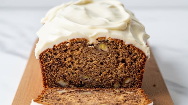 A loaf of moist banana bread with a rough, golden-brown crust, sliced to show a dense, textured interior filled with bits of banana and other ingredients giving it a slightly chunky appearance. The top of the bread is coated evenly with a thick layer of creamy white frosting that spreads over the edges, dripping slightly on the sides. The bread rests on a wooden cutting board placed on a white marbled surface. Photo taken with an iphone --ar 4:5 --v 7