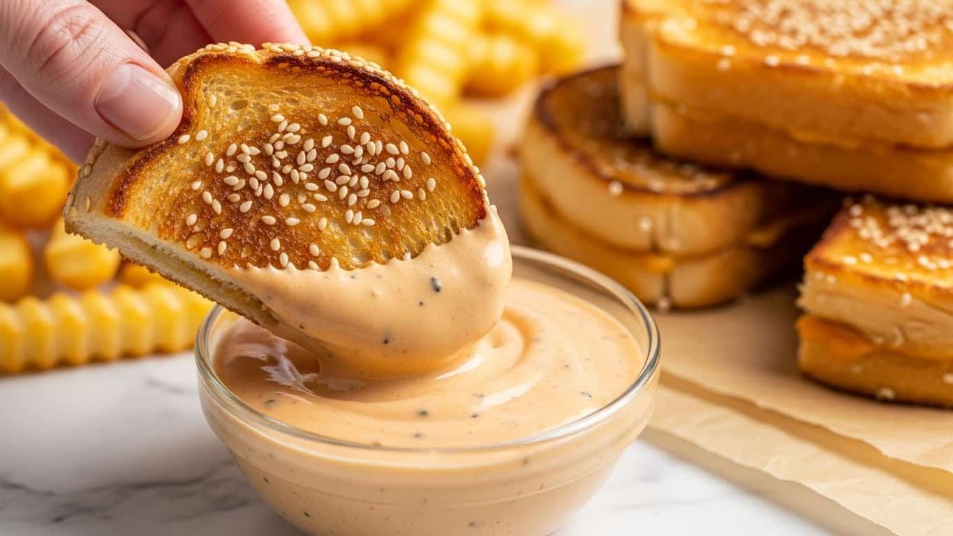 A close-up view of a golden toasted sandwich slice with sesame seeds on top, being held by a woman's hand, dipping into a small clear white bowl filled with thick light orange creamy sauce with black specks. The sandwich is thick, showing a crisp, browned texture with a soft inside. In the blurred background, there are golden crinkle-cut fries and more sandwich slices resting on parchment paper on a white marbled surface. The sauce slightly overflows the bowl’s edge, creating a smooth and rich look. Photo taken with an iphone --ar 4:5 --v 7