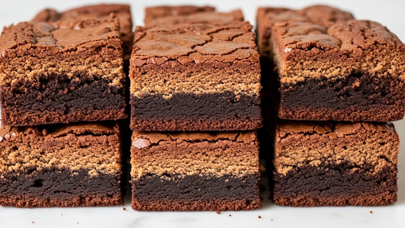 A stack of four rich, dark chocolate brownies is shown, each brownie having a shiny, cracked top layer with visible melted chocolate chunks. The brownies have a dense, moist texture inside with a deep brown color, and tiny pieces of walnut are visible in some parts. The stack is placed on a white marbled surface, and the photo is focused up close to highlight the gooey, fudgy layers of the brownies. Photo taken with an iphone --ar 4:5 --v 7
