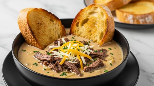 A black bowl filled with a creamy soup topped with shredded beef pieces, melted yellow and white cheese, and sprinkled green herbs sits on a dark plate. Two pieces of toasted bread, golden brown with a rough crust and soft, airy insides, are placed to dip in the soup, one partially inserted into the soup showing the texture. In the background, blurred chunks of bread lie on a plate, all set on a white marbled textured surface. photo taken with an iphone --ar 4:5 --v 7