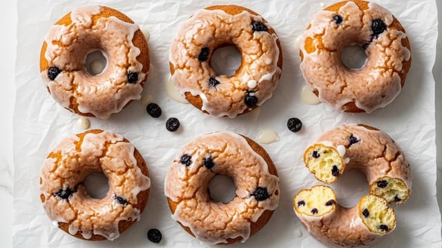 A white bowl lined with a blue and white striped cloth holds a stack of ten glazed donuts. The donuts are mostly light brown with a shiny, slightly uneven layer of white glaze covering them, giving a rough, sugary texture. The donuts are arranged in overlapping layers, some partially hidden behind others, showing their round shape and center holes clearly. The bowl sits on a white marbled surface covered with a white cloth featuring blue checked lines. Photo taken with an iphone --ar 4:5 --v 7