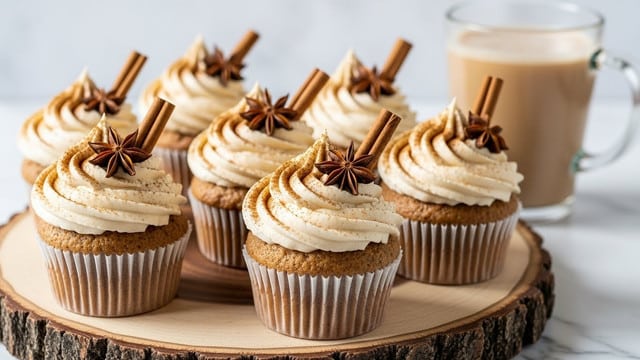 The image shows several cupcakes with a light brown base, each wrapped in a white paper liner. On top of each cupcake is a swirl of creamy beige frosting, sprinkled lightly with a brown powder, likely cinnamon. Each swirl is garnished with a brown cinnamon stick and a dark brown star anise placed neatly on the frosting. The cupcakes are displayed on a round wooden slab with bark around the edge, set on a surface with a white marbled texture. In the background, there is a clear glass mug filled with a light brown beverage. Photo taken with an iphone --ar 4:5 --v 7