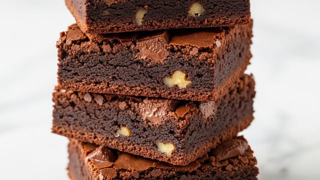 The image shows a stack of several chocolate brownies on a white marbled surface. Each brownie has two visible layers: a thick, dark brown, moist and fudgy bottom layer, and a lighter brown, crackled, slightly crispy top layer. The brownies are cut into square pieces, with some pieces stacked neatly on top of each other, showing the rich texture and dense inside. The edges of the brownies are slightly rough, and the top layer has a shiny, crinkly finish that contrasts with the soft inside. Photo taken with an iphone --ar 4:5 --v 7