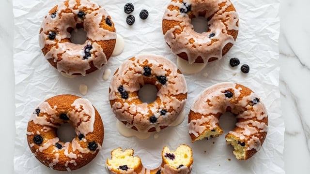 Six glazed donuts with a rough, textured surface are arranged on crumpled white parchment paper over a white marbled texture. Each donut is golden brown with a shiny white glaze layer that looks slightly thick and uneven, showing some spots where the glaze pools. Small dark dried berries are scattered around and appear inside the donuts, which have a soft, airy interior with a pale yellow color. One donut is broken into two pieces to show the inside texture clearly. Photo taken with an iphone --ar 4:5 --v 7