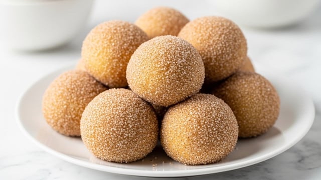 A white plate holds a small pile of round dough balls, about three layers high, with a light golden brown color. Each ball is coated evenly with a mix of sugar and cinnamon, giving them a slightly grainy look with tiny specks of brown and white all over. The dough balls are smooth and slightly shiny, suggesting they are soft and freshly made. The plate is set on a surface with a white marbled texture. In the background, blurred white bowls are visible. Photo taken with an iphone --ar 4:5 --v 7