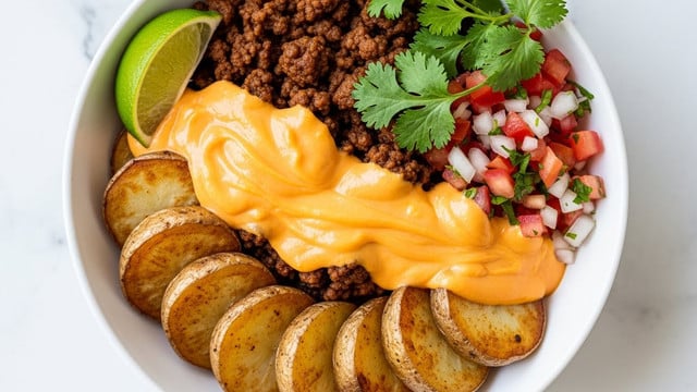 A white bowl filled with four main layers is shown from above on a white marbled surface. The bottom layer consists of round, golden-brown roasted potato slices placed along the bowl’s left and bottom edges. Above the potatoes is a layer of dark brown cooked ground meat, covering most of the center. On top of the meat, there is a swirl of smooth, bright orange cheese sauce drizzled partially over the potatoes and meat. To the right side, there is a fresh, colorful mix of diced red tomatoes, white onions, and green cilantro leaves, with some larger cilantro sprigs on top. A green lime wedge is placed near the top left edge of the bowl. photo taken with an iphone --ar 4:5 --v 7