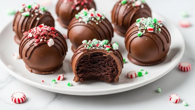 The image shows several chocolate-covered round truffles on a white plate, placed on a white marbled surface. Each truffle has a smooth milk chocolate outer layer with a small drizzle of darker chocolate on some. Some truffles are topped with crushed peppermint candy pieces in red, white, and green, adding texture and color contrast. One truffle is bitten, revealing a dense, dark, and rich chocolate cake center inside. Small peppermint candy pieces are scattered around the plate. photo taken with an iphone --ar 4:5 --v 7