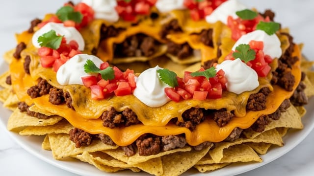 A white plate holds a large ring-shaped pile of loaded nachos with three visible layers: the bottom layer is golden, crispy chips; the middle layer is covered with melted orange cheddar cheese and seasoned ground beef; the top layer is decorated with dollops of white sour cream, bright red diced tomatoes, and small green cilantro leaves sprinkled all over. The texture looks rich with melted cheese stretching slightly over the sides of the chips, and some pieces of beef peeking through. The background surface is white marbled. Photo taken with an iphone --ar 4:5 --v 7