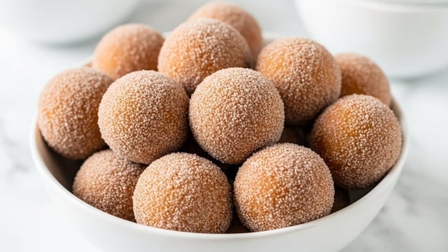 A white bowl filled with about a dozen small round doughnut holes, each one covered evenly in a light brown mix of sugar and cinnamon, giving them a slightly grainy texture. The doughnut holes are piled close together, showing their soft golden-brown color beneath the sugar coating. The bowl is placed on a surface with a white marbled texture, with parts of another white bowl faintly visible in the background. photo taken with an iphone --ar 4:5 --v 7