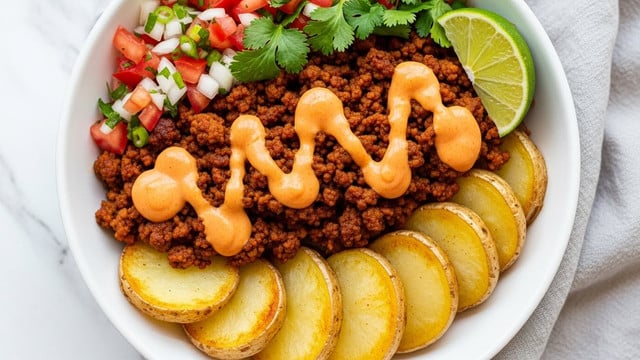 A white bowl filled with three main layers: the bottom layer is golden-brown roasted potato slices arranged around the edge, in the middle, there is a layer of cooked ground meat with a rich brown color, topped with a creamy orange sauce drizzled unevenly across the meat. On one side, there is a colorful fresh salsa made with diced red tomatoes, white onions, and bright green cilantro leaves. A quarter lime wedge with a light green color rests on the edge of the bowl. The bowl is placed on a white marbled surface with a light gray cloth nearby. photo taken with an iphone --ar 4:5 --v 7