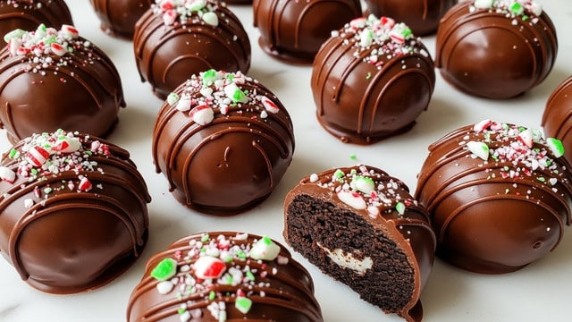 The image shows round chocolate treats covered in a smooth milk chocolate layer with a shiny finish. Each treat is topped with crushed peppermint candy pieces in red, white, and green colors, scattered unevenly over the surface. Some treats have a thin drizzle of chocolate over the top, adding texture. A few treats are cut open, revealing a dark, crumbly chocolate filling inside. The treats are arranged closely together on a white marbled texture. photo taken with an iphone --ar 4:5 --v 7