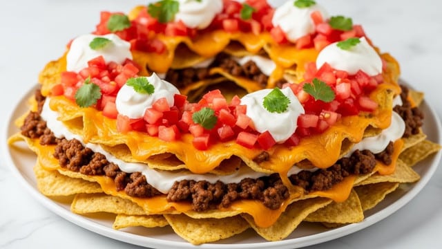 A round, layered nacho ring sits on a white plate over a white marbled surface, showing several layers starting with crispy golden tortilla chips at the bottom, topped with seasoned ground beef and melted yellow and white cheese that drips over the sides. On top of the cheese layer, dollops of white sour cream are evenly spaced around the ring, each crowned with small diced red tomatoes and bright green chopped cilantro scattered generously. The center is hollow, revealing the thickness of the stacked layers, creating a festive and colorful look. Photo taken with an iphone --ar 4:5 --v 7
