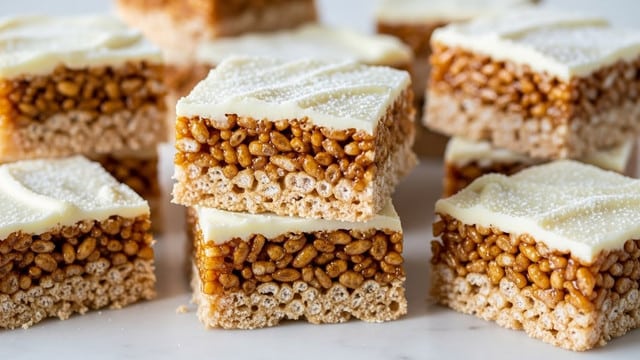 The image shows several crispy rice treats cut into rectangles, stacked and arranged closely together on a white marbled surface. Each treat has two layers: the bottom layer is a glossy, golden brown puffed rice mixed with a sticky syrup, giving it a shiny and textured look, while the top layer is a smooth, thin white icing spread evenly across the surface. A light dusting of powdered sugar is sprinkled on top of the icing, creating a soft white contrast. The treats are carefully stacked in two layers, with some overlapping in the background, all in clear focus with a shallow depth of field. photo taken with an iphone --ar 4:5 --v 7