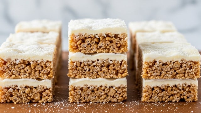 The image shows several rectangular cereal treats stacked neatly on a wooden surface with a white marbled texture behind. Each treat has two visible layers: the bottom layer is a golden brown crispy rice cereal with a bumpy texture, and the top layer is a smooth white icing that is evenly spread across. A light sprinkle of white powdered sugar dusts the icing, adding a soft, snowy finish. The treats are arranged closely in rows, with the focus on the front stack that highlights the contrast between the crunchy base and creamy topping. photo taken with an iphone --ar 4:5 --v 7