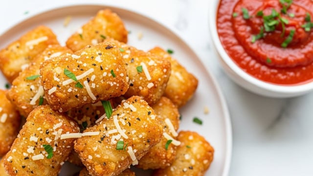A close-up view of six golden-brown bread bites piled in a white bowl. Each bite is coated with a layer of melted cheese and sprinkled with green and black herb flakes on top, giving a textured appearance. At the side inside the bowl, a red marinara sauce with bits of herbs is visible, adding a contrasting color. The bread bites have a soft, fluffy texture that looks slightly crispy on the outside. The bowl sits on a surface with a white marbled texture. photo taken with an iphone --ar 4:5 --v 7