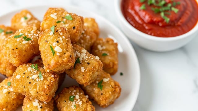 The image shows a close-up of golden-brown crispy tater tots stacked on a white plate, each piece coated with bits of melted parmesan cheese and small green parsley flakes. The tater tots have a rough and crunchy texture with specks of black pepper and herbs visible throughout. On the top right corner of the plate, there is a small white bowl filled with bright red marinara sauce sprinkled lightly with chopped green herbs. The background is a white marbled surface, giving a clean and fresh look. photo taken with an iphone --ar 4:5 --v 7