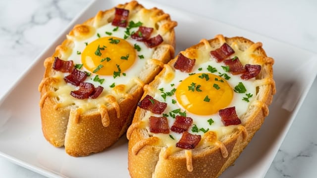 Two thick slices of toasted baguette are hollowed out and filled with a cooked egg, with the yolk bright yellow and sitting in the center of each piece. Around each egg, melted cheese creates a creamy white layer with a slightly bubbly texture. Crispy small bacon pieces with a dark reddish-brown color are scattered on top, along with chopped green herbs for a fresh look. The edges of the baguette are golden brown and crunchy. They rest side by side on a white square plate set on a white marbled surface. photo taken with an iphone --ar 4:5 --v 7