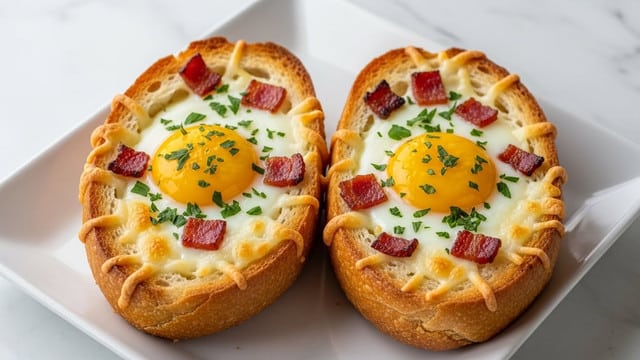 Two pieces of toasted bread boats are placed side by side on a white plate set on a white marbled surface. Each bread boat has a golden-brown crust with a hollowed center filled with three layers: a base of creamy melted cheese, a layer of baked egg with one bright yellow yolk in each piece, and scattered small chunks of crispy bacon on top. Lightly sprinkled chopped green herbs and a dash of black pepper finish the dish, with a few crumbs around the plate adding a casual touch. photo taken with an iphone --ar 4:5 --v 7