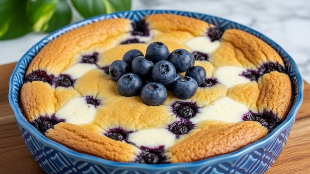 A baked blueberry dessert in a patterned blue ceramic dish is shown, with a golden brown, fluffy top layer that has pockets of melted creamy white filling and dark purple baked blueberries scattered throughout. In the center, a small pile of fresh, plump blueberries sits on top, adding a fresh touch. The dish rests on a wooden board, with a softly blurred green plant in the background and a white marbled surface underneath. photo taken with an iphone --ar 4:5 --v 7
