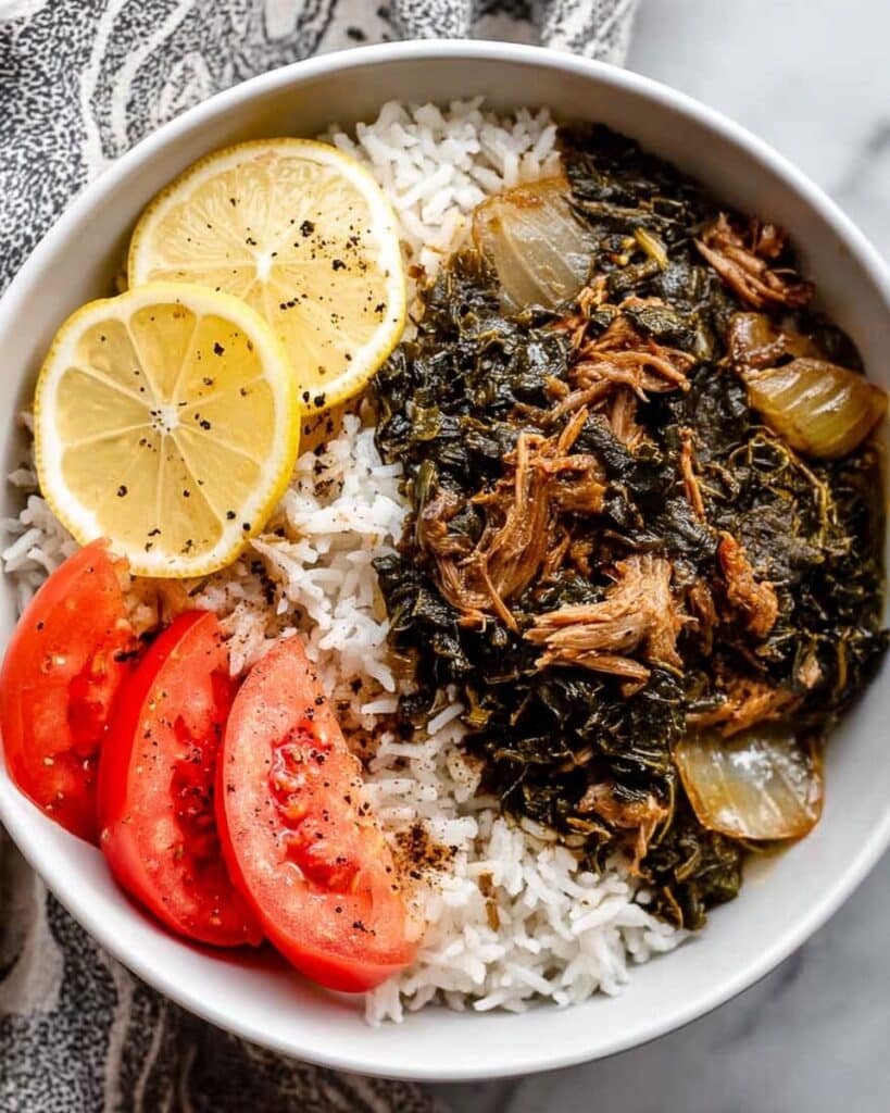 Authentic Molokhia with Roasted Onions and Tender Chicken Recipe