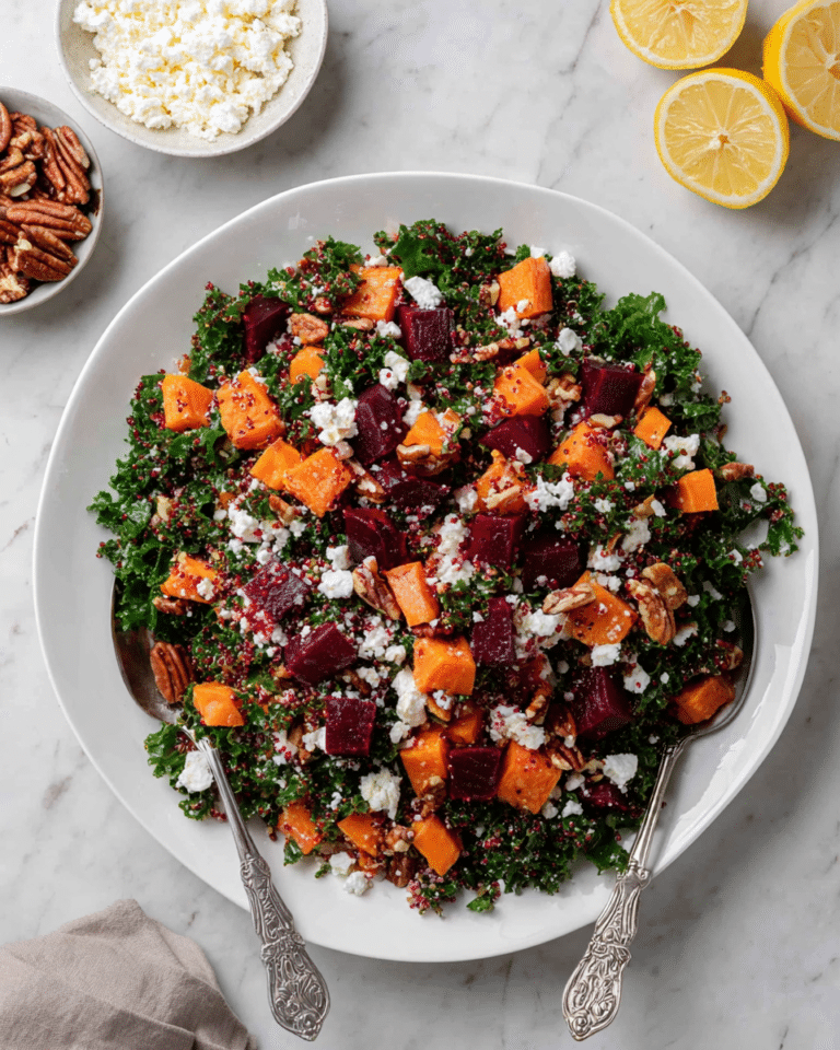 Roasted Sweet Potato & Beetroot Salad with Quinoa, Feta, and Pecan Dressing Recipe