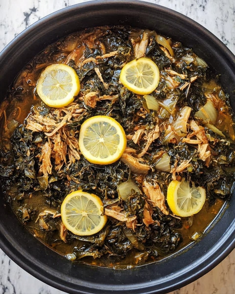 Authentic Molokhia with Roasted Onions and Tender Chicken Recipe - Recipe Image