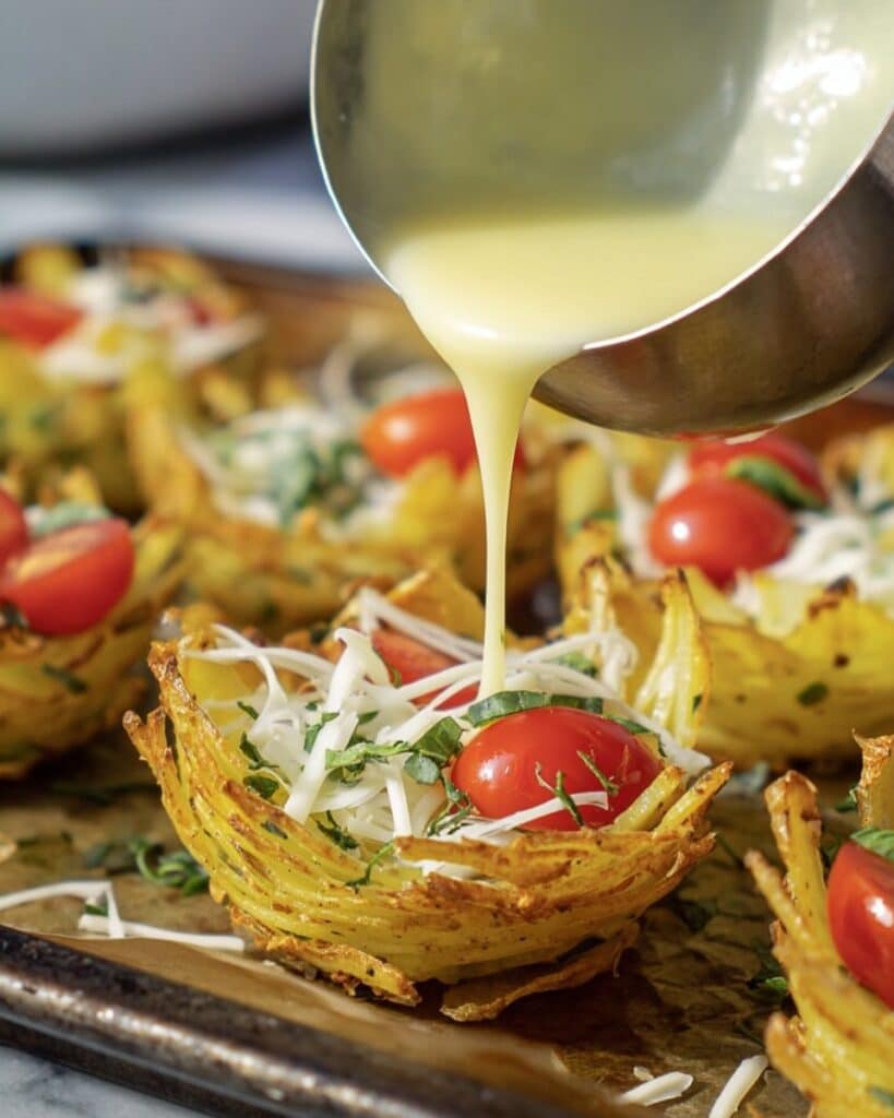 Breakfast Potato Cups with Cherry Tomatoes, Leek, and Melted Cheese Recipe